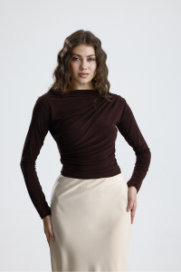 let s shine Kadın Sandy Kumaş Çapraz Büzgü Detaylı Uzun Kol Bluz