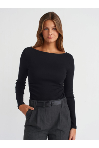 Dilvin 31401 Büzgülü Kayık Yaka Top-Siyah