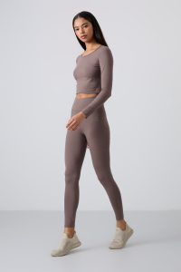 Коричневый топ с длинным рукавом и высокой талией, стиль slim fit, комплект с леггинсами для женщин - 95286