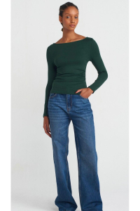 Dilvin 31401 Büzgülü Kayık Yaka Top-N.Yeşil