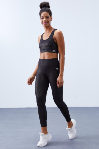 Черно-серебристый - Черный комплект женского бюстье и леггинсы с высоким поясом и облегающим фитнес-дизайном с деталями на спине - 95281