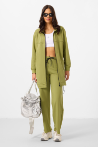 Оливково-зеленый спортивный костюм с длинным рукавом и молнией на воротнике для женщин - 953462