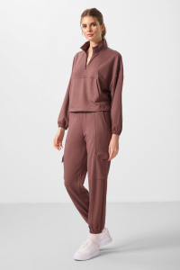Коричневый мягкотекстурный толстовка с высоким воротником и скрытой молнией, оверсайз, женский спортивный костюм - 953511