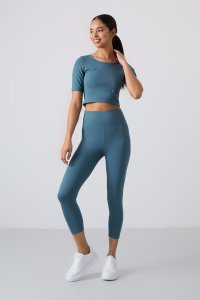 Оливково-зеленый высоко талии капри-кроп футболка облегающий женский комплект леггинсов - 952853