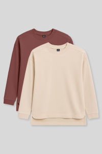 Удобная формированная футболка с вырезом "O" в комплекте из 2-х штук, бежево-коричневая, женская туника-свитшот - 973054.