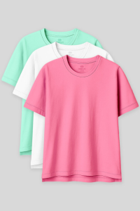 Объемная футболка базового кроя с круглым вырезом в упаковке из 3 штук: цвет морской волны, белый и розовый для женщин, артикул 972854.