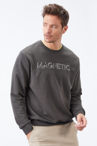 Хаки свитер с вышивкой, круглым вырезом и внутренней флисовой подкладкой для мужчин - 88020