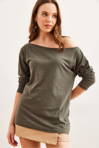 Olalook Kadın Haki Kayık Yaka Yün Viskon Dökümlü Bluz BLZ-19002738