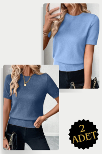 AQE FASHION 2 Adet Bisiklet Yaka Likralı Kısa Kollu Bluz Bebe Mavisi - İndigo