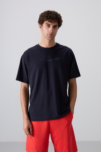 Темно-синий хлопковый толстый мягкий текстурированный оверсайз-футболка с принтом для мужчин - 88330