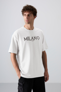 Экрю хлопковая толстая мягкая текстурированная оверсайз футболка с принтом для мужчин - 88345