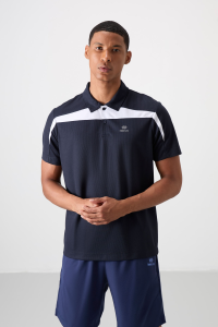 Темно-синий повседневный поло с мелкой фактурой для мужчин, дышащий, тонкий, эластичный - модель 88392.