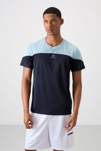 Темно-синий трафаретный дышащий тонкий эластичный стандартный спортивный мужской футболка - 88386.