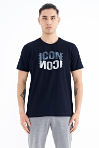 Темно-синяя футболка с печатью на округлом вырезе, стандартный крой для мужчин - 88174