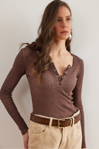 Olalook Kadın Yıkamalı Acı Kahve Patlı Kaşkorse Bluz BLZ-19000588