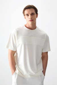 Кремовая хлопковая толстая мягкая текстура оверсайз футболка для мужчин - 88378