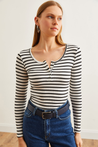 Olalook Kadın Kalın Fitilli Siyah Patlı Kaşkorse Bluz BLZ-19000588