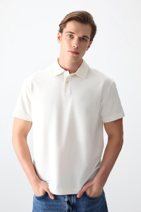 Экру хлопковая толстая мягкая текстура поло воротник оверсайз базовая мужская футболка - 8838