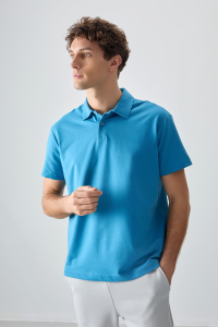 Петроловый хлопковый толстый мягкий текстурированный поло с оверсайз кроем - базовая мужская футболка - 8838.