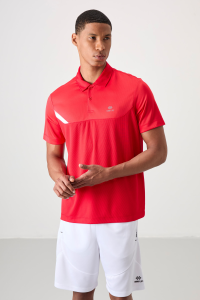 Красная дышащая текстурированная тонкая эластичная стандартная футболка с воротником-поло для мужчин - 8840