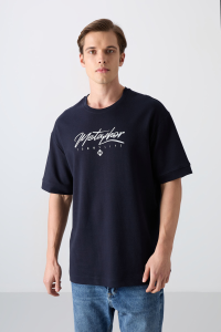 Темно-синий хлопковый толстый мягкий oversize футболка с принтом для мужчин - 883200.