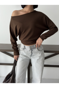 BEJNA Kadın Kahverengi Düşük Omuzlu Modal Dokulu Bluz