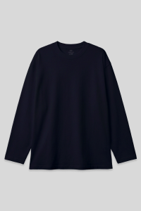 Темно-синий O-образный воротник свободной формы большой размер длинный рукав мужская футболка - 881071