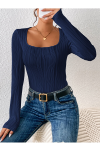 Wild Flower Elastanlı Lacivert Bluz Yüksek Bel Uzun Kollu Kare Yaka Örme Kumaş Bahar Sonbahar Kış Bluz