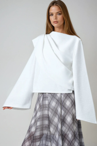 Trend Alaçatı Stili Kadın Ekru Bisiklet Yaka Kendinden Şal Detaylı Geniş Kesim Tasarım Bluz Alc-X14420