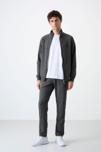 Antrasit Melanj Dik Yaka Fermuarlı Rahat Form Klasik Paça Erkek Eşofman Takımı - 850722