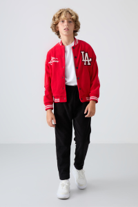 Чёрные толстые мягкие текстурированные стандартные брюки для мальчиков с вышивкой - 11219.