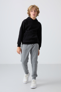 Серый меланжевый хлопковый толстый стандартный фасон спортивных штанов для мальчиков с вышивкой - 11224.