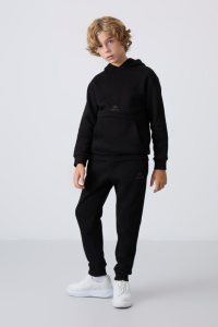 Черный хлопковый толстый мягкий на ощупь стандартной посадки спортивный костюм для мальчиков с вышивкой - 11255