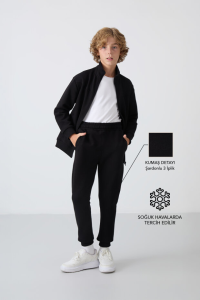 Черный хлопковый толстый мягкий стандартной посадки спортивный комплект для мальчиков с вышивкой - 11240.