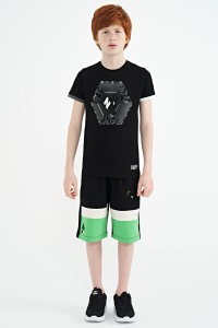 Шорты для мальчиков стандартного кроя черного цвета с печатью, шнуровкой и вышивкой - 11129.