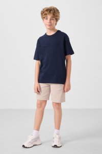 Темно-синий хлопковый oversize костюм с шортами для мальчиков - 11279.