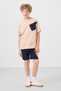 Бежево-синий хлопковый оверсайз шорты с элементами чино для мальчиков - 11275.