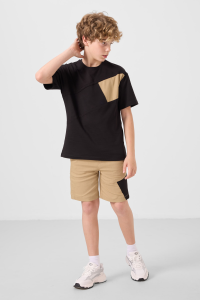 Черно-Темно-Бежевый Хлопковый Oversize Фит Тканевые Легкие Эластичные Чино Шорты для Мальчиков - 11275