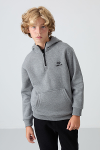 Серый меланжевый хлопковый толстовка с начесом стандартного кроя для мальчиков с вышивкой - 11244