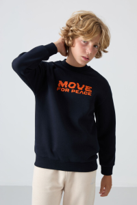 Темно-синий хлопковый толстый мягкий свитшот с ворсом внутри, стандартная посадка, с принтом для мальчиков - 11216.