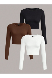 ÖZ PAMUK 3 lü ADET Kadın Fitilli Bisiklet Yaka Kaşkorse Crop Bluz