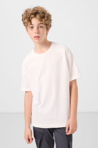 Экрю хлопковая мягкая текстурированная оверсайз футболка с принтом для мальчиков - 11301.