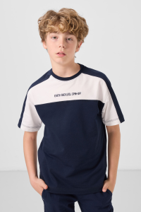 Темно-синий хлопковый мягкой текстуры оверсайз футболка с вышивкой для мальчиков - 11290