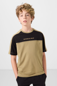 Темно-бежевый хлопковый мягкий текстильный оверсайз-футболка с вышивкой для мальчиков - 11290