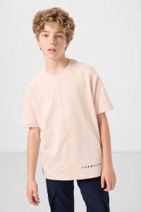 Бежевая хлопковая мягкая тканевая оверсайз базовая футболка для мальчиков - 11297.