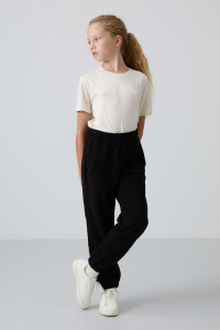 Черные толстые мягкие текстурированные стандартные брюки с вышивкой для девочек - 751553