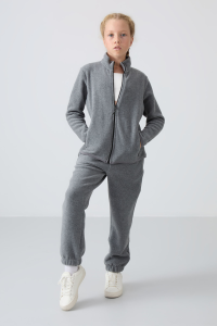 Серый меланж толстый мягкий тканевый стандартный фасон спортивные брюки с вышивкой для девочек - 751553