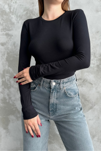 macharel jeans Siyah Bisiklet Yaka Basic Uzun Kollu Body TT00US012