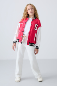 Бежевые хлопковые брюки для девочек с мягкой текстурой и вышивкой, стандартный фасон - 751463.