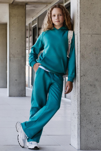 Морской зеленый хлопковый костюм для девочек с мягкой текстурой и вышивкой - 751625